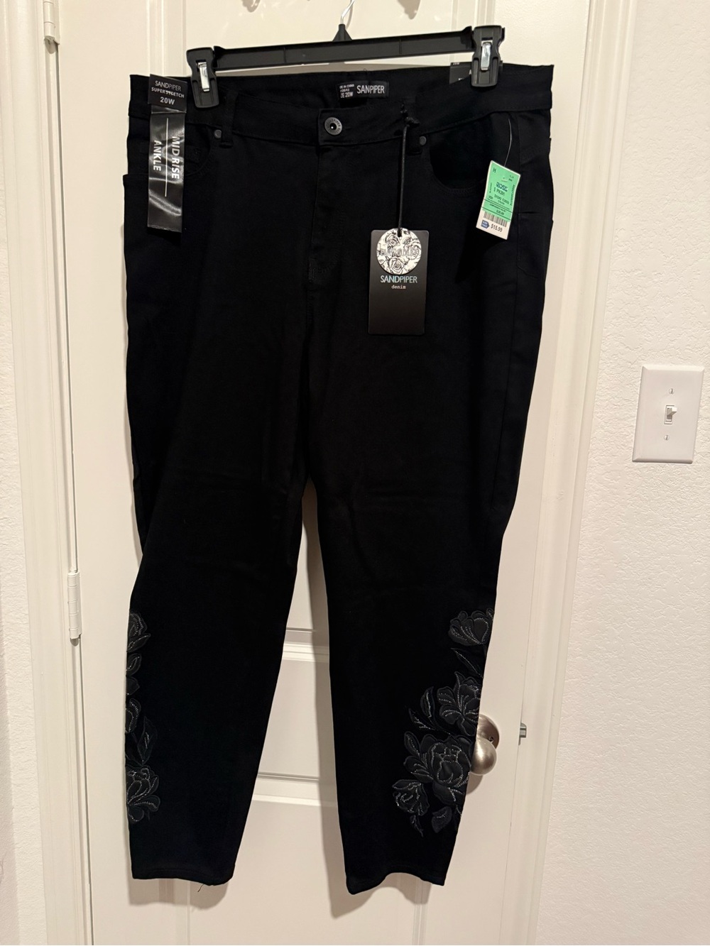 Sandpiper Black Straight Leg Jeans with Embroidered Floral Detail
